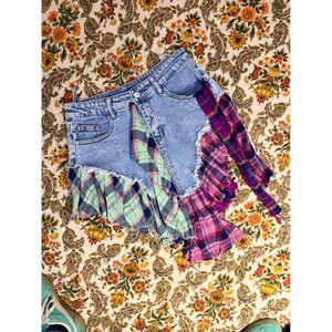 Plaid Flannel Ruffle Reconstructed Denim Short Skirt High Rise - M